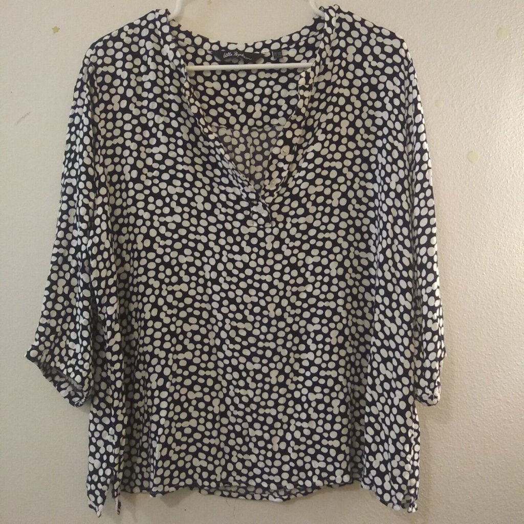 Ulla Popken Women V-Neck Blouse Plus Size 16/18 Black White Polka Dot 3/4 Sleeve